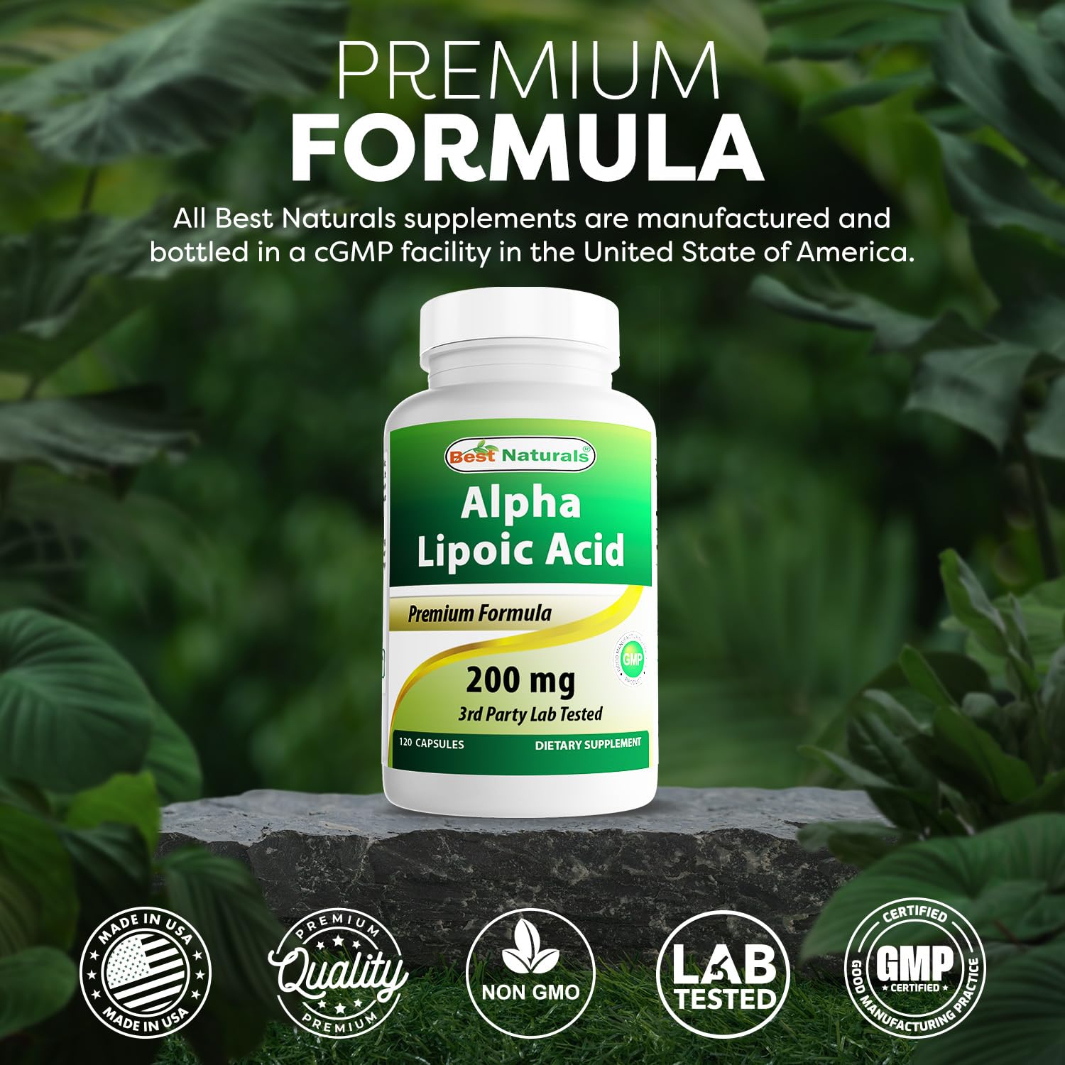 Capsules displayed with non-GMO and gluten-free seal from Best Naturals Alpha Lipoic Acid.