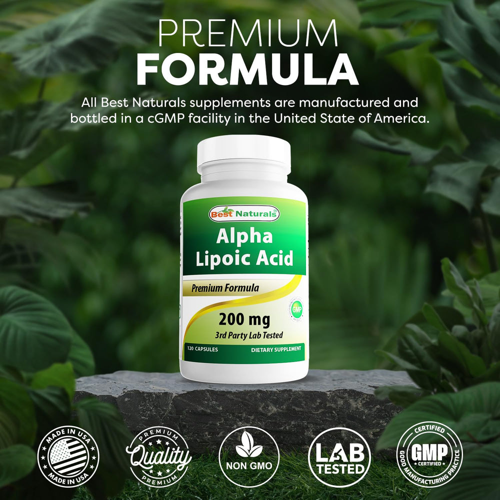 Capsules displayed with non-GMO and gluten-free seal from Best Naturals Alpha Lipoic Acid.