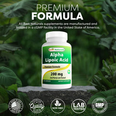 Capsules displayed with non-GMO and gluten-free seal from Best Naturals Alpha Lipoic Acid.