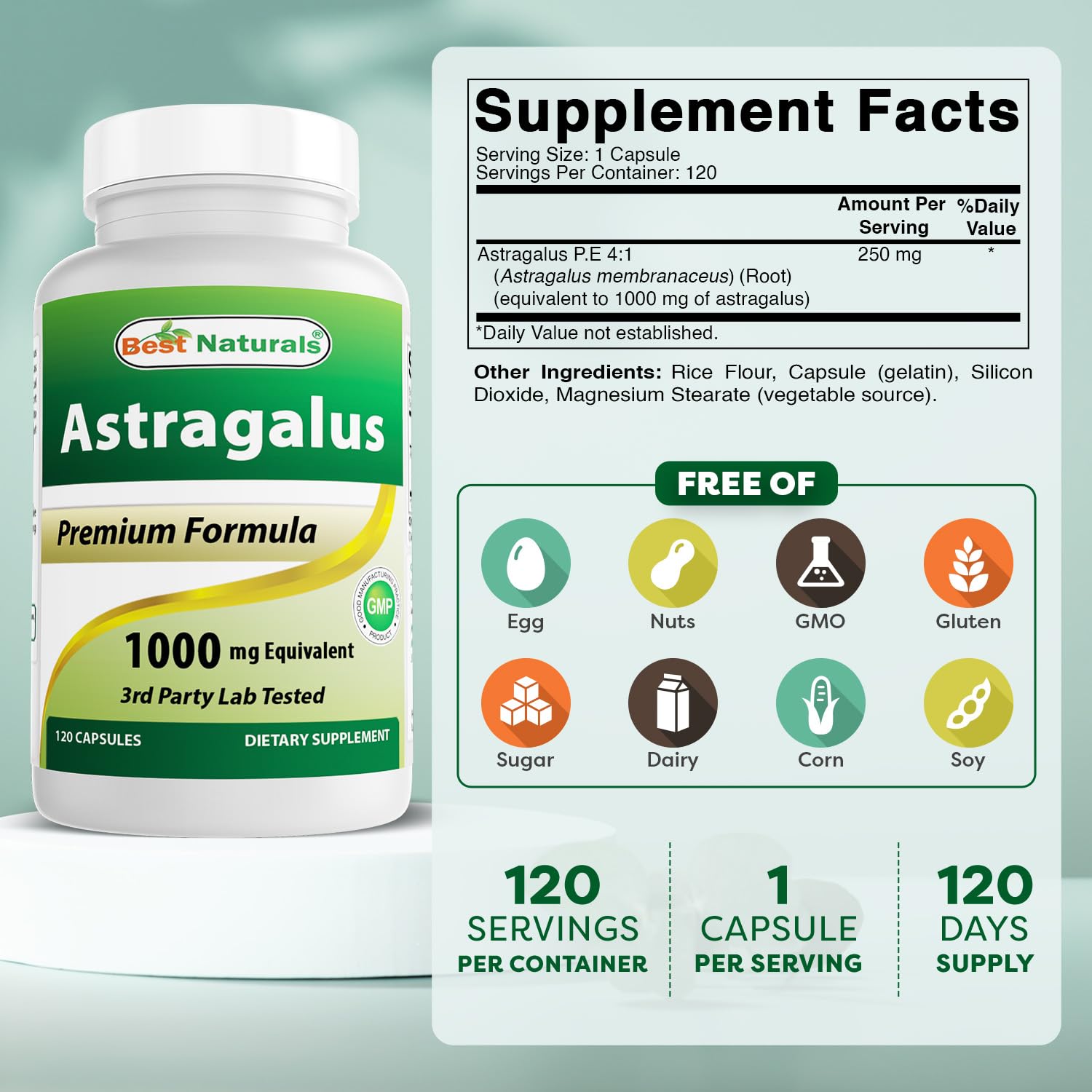 Best Naturals label shows 120 capsules per bottle for convenience