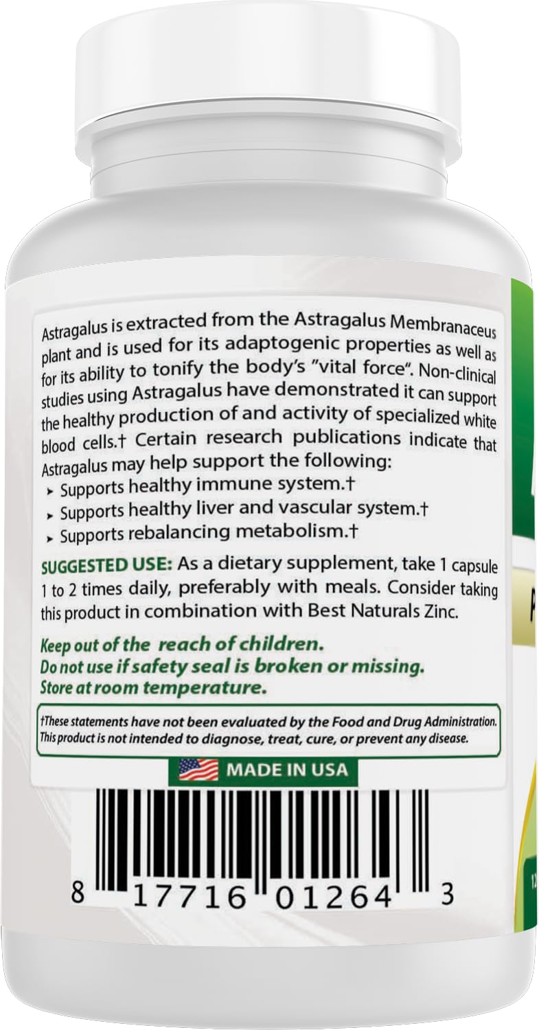 Best Naturals Astragalus capsules on white background for purity