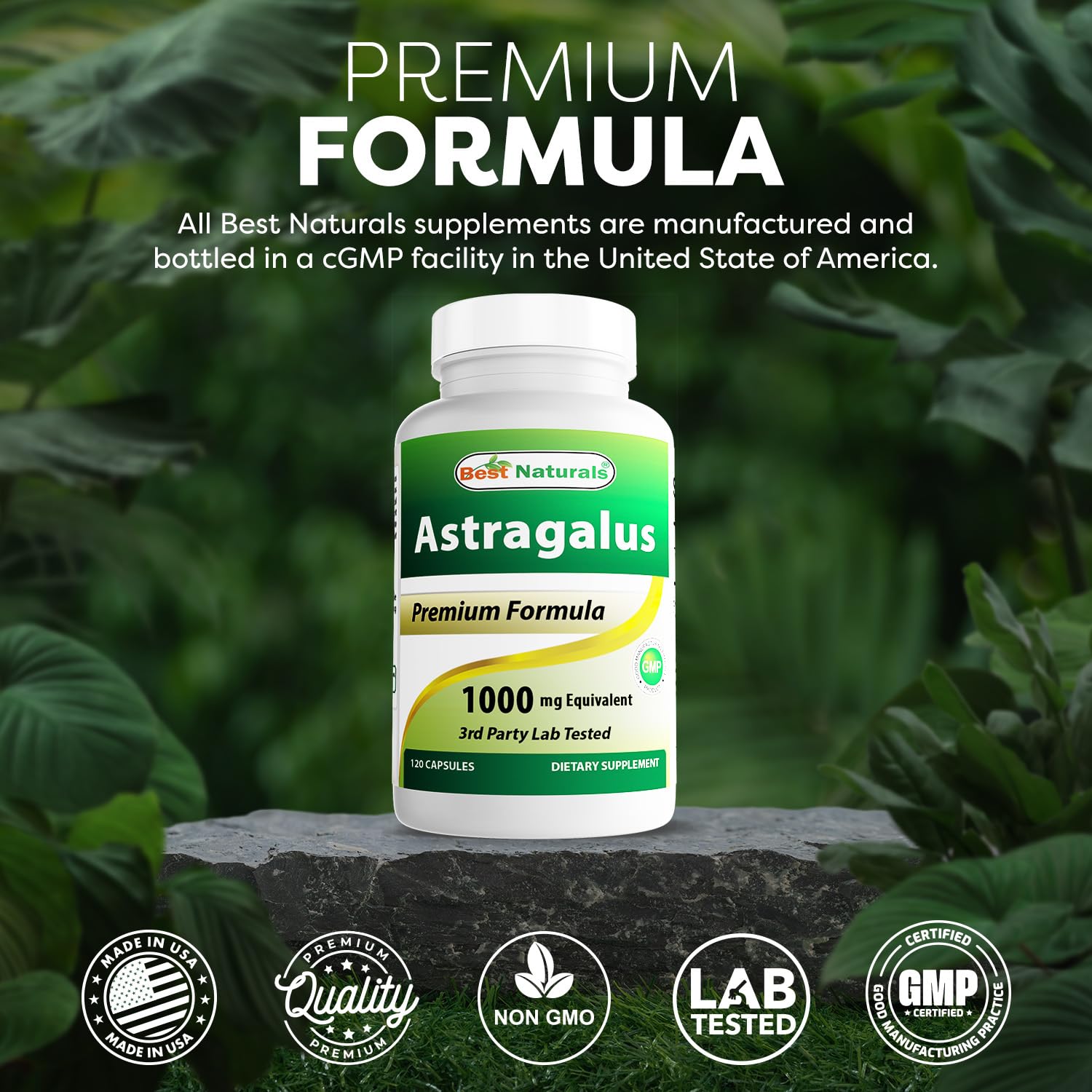 Close-up of Best Naturals Astragalus ingredients highlighting non-GMO and gluten-free