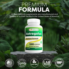 Close-up of Best Naturals Astragalus ingredients highlighting non-GMO and gluten-free