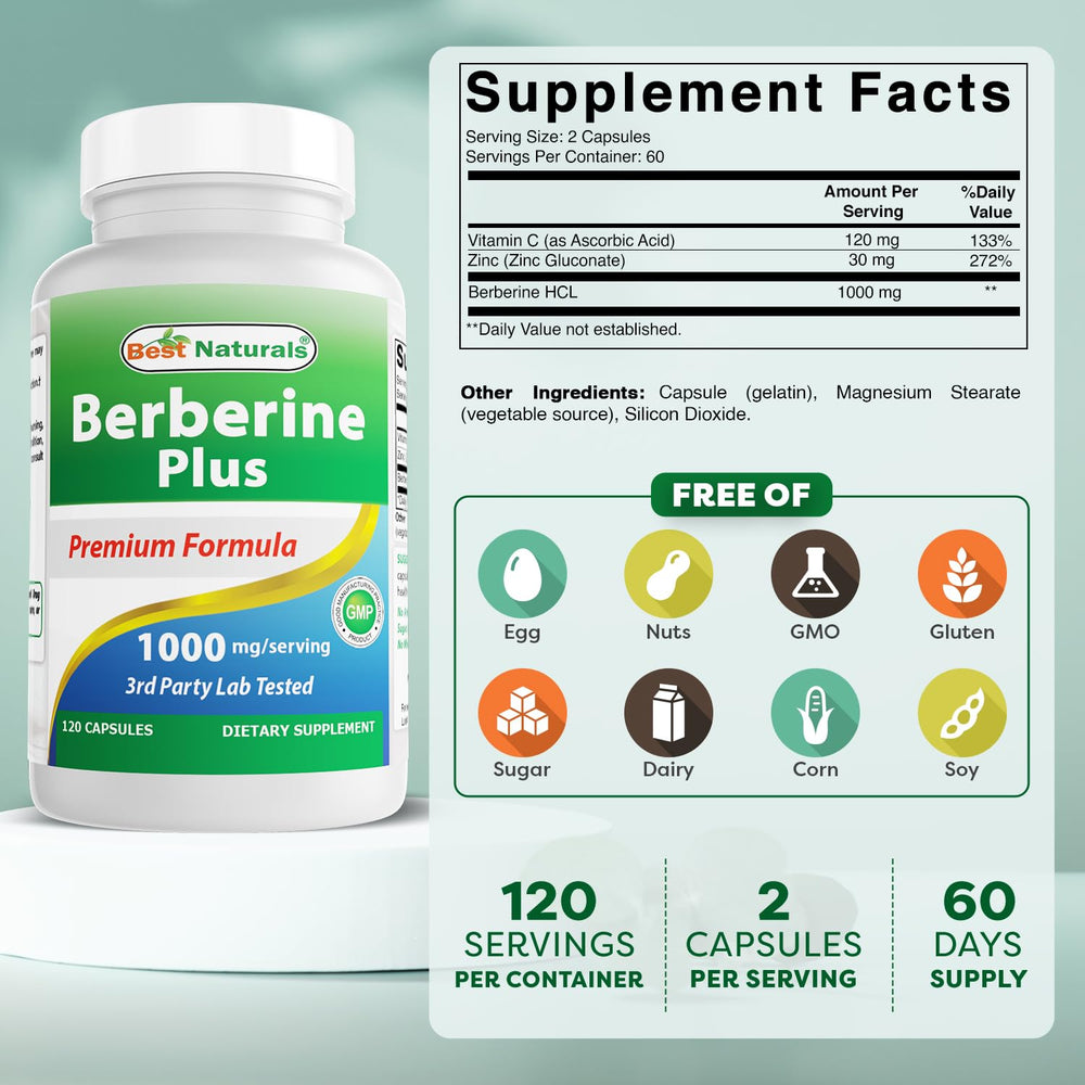 Best Naturals Berberine Plus capsules close-up highlighting 1000 mg per serving