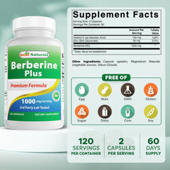 Best Naturals Berberine Plus capsules close-up highlighting 1000 mg per serving