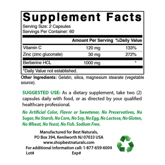 Best Naturals Berberine Plus capsules closeup in a 120-count bottle