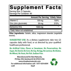 Best Naturals Berberine Plus capsules closeup in a 120-count bottle