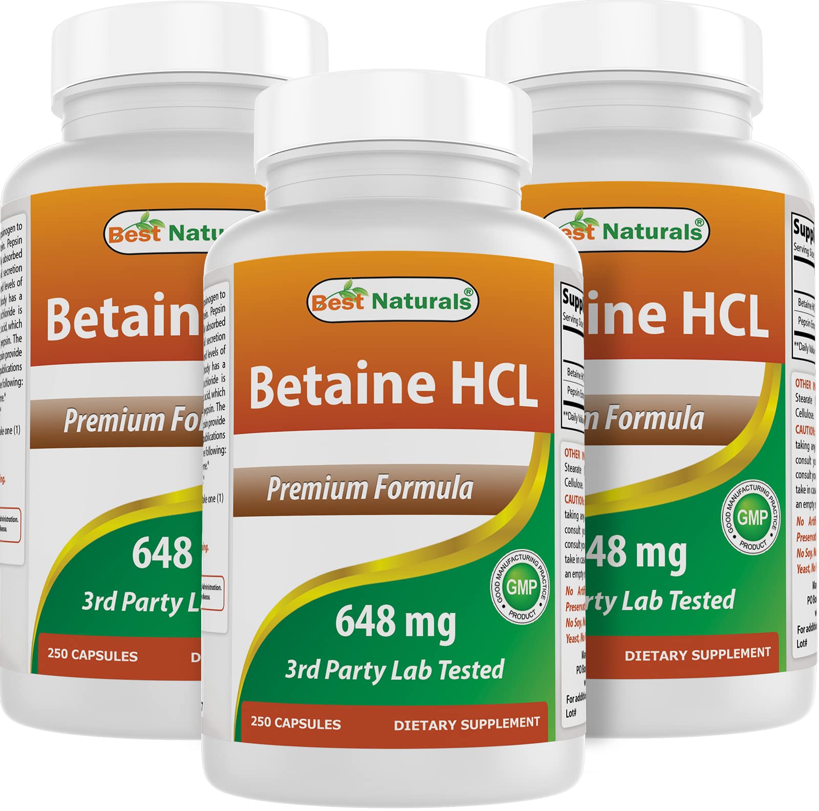 Best Naturals Betaine HCl bottle front shows 648 mg per capsule for potential digestive support