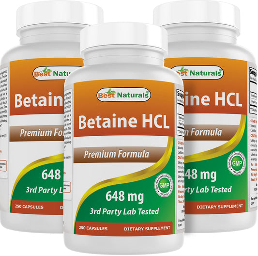 Best Naturals Betaine HCl bottle front shows 648 mg per capsule for potential digestive support
