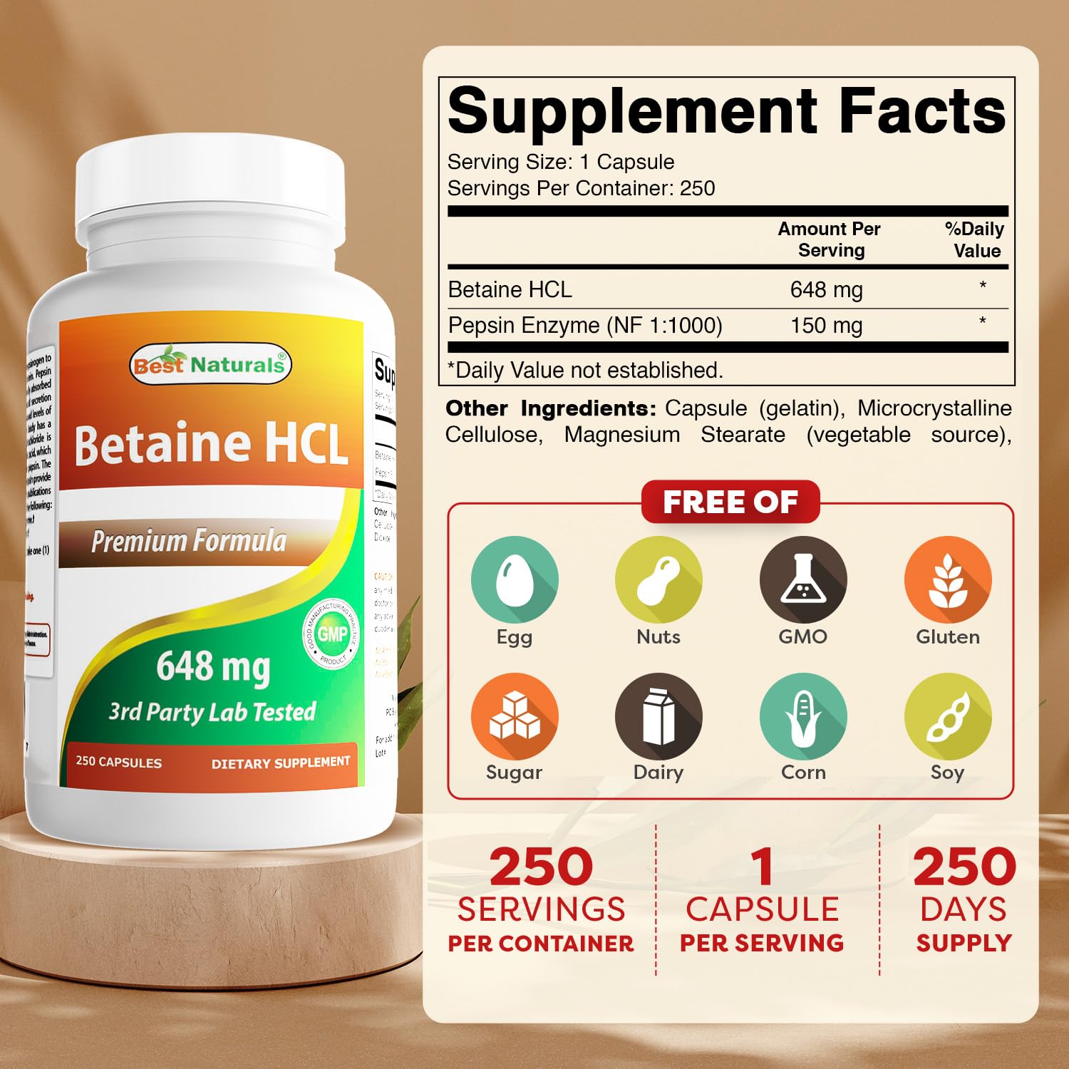 Best Naturals Betaine HCl capsules inside the bottle highlight easy-to-swallow form