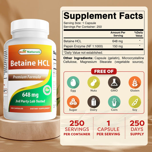Best Naturals Betaine HCl capsules inside the bottle highlight easy-to-swallow form