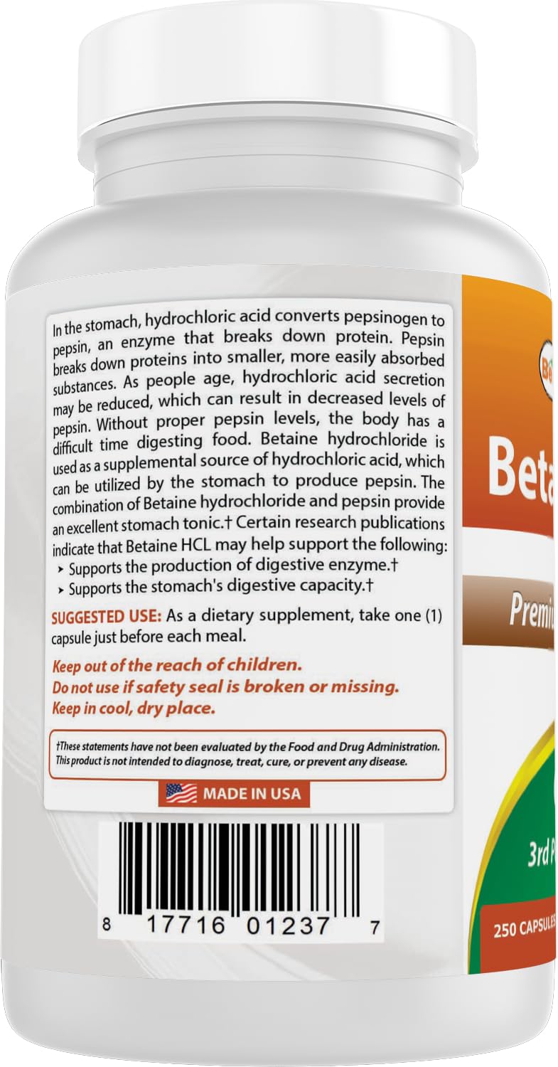 Best Naturals Betaine HCl usage with meals image suggests practical daily routine