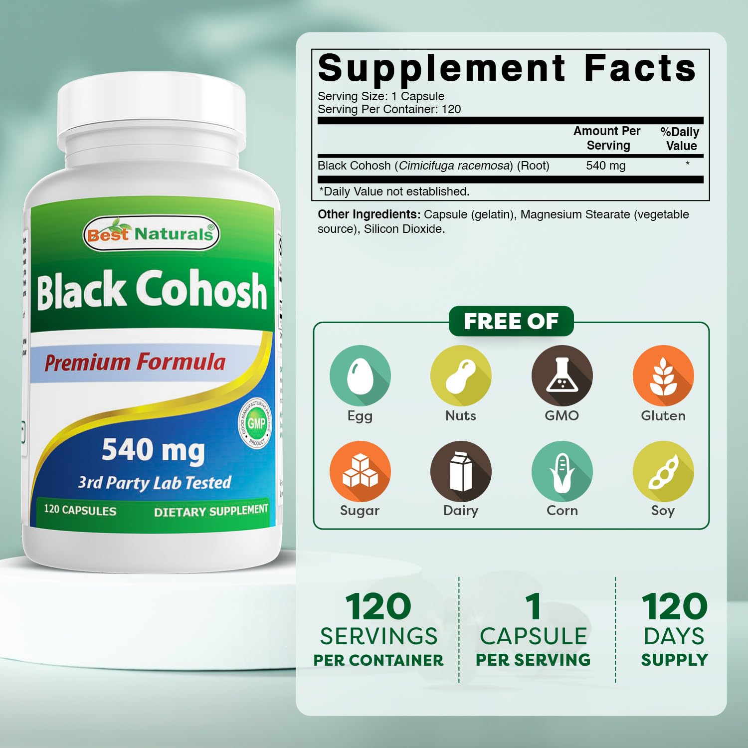 Best Naturals Black Cohosh 540 mg bottle label with dosage info for daily use.