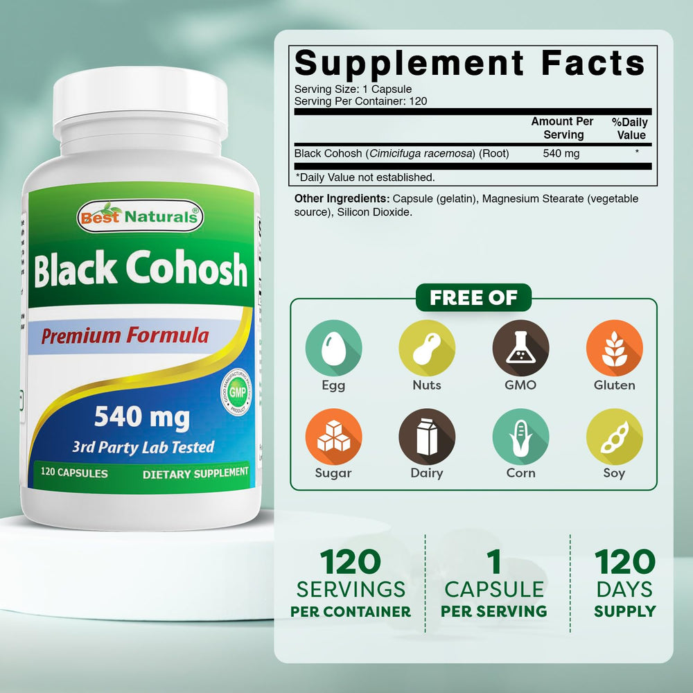 Best Naturals Black Cohosh 540 mg bottle label with dosage info for daily use.