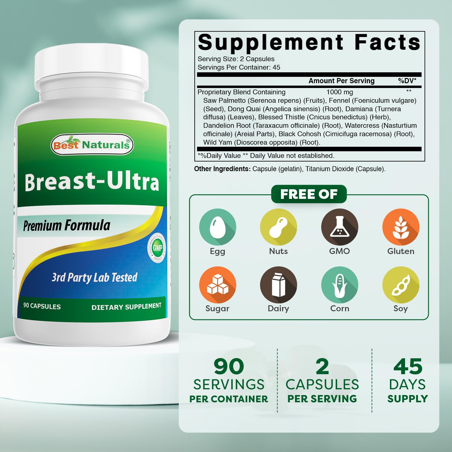 Best Naturals Breast-Ultra bottle back shows ingredients and purity seals