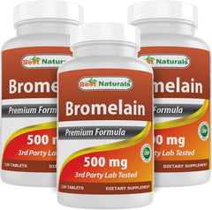 Best Naturals Bromelain 500mg tablets front view, gluten-free and non-GMO quality.