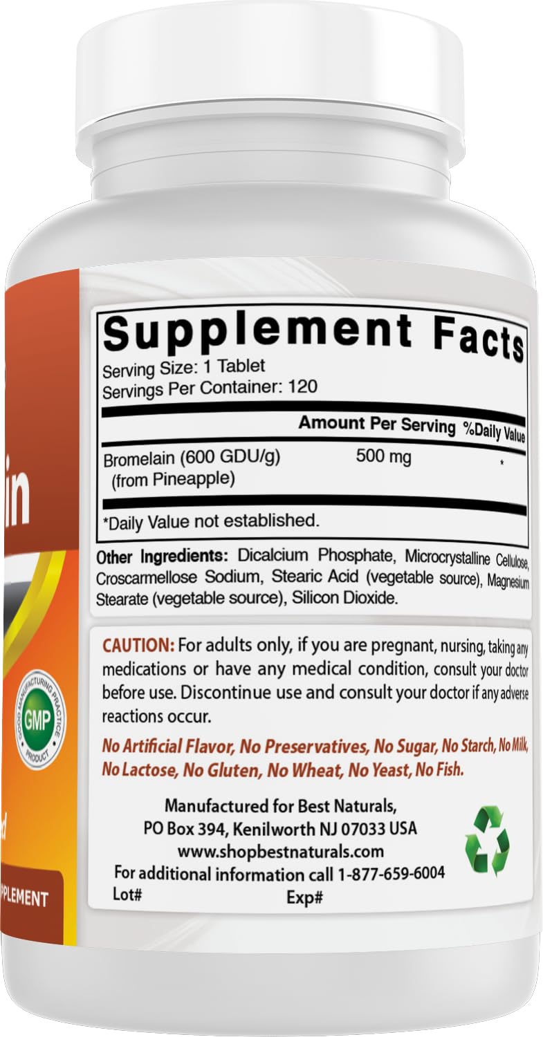 Best Naturals Bromelain packaging with clear ingredient list and allergen notes.