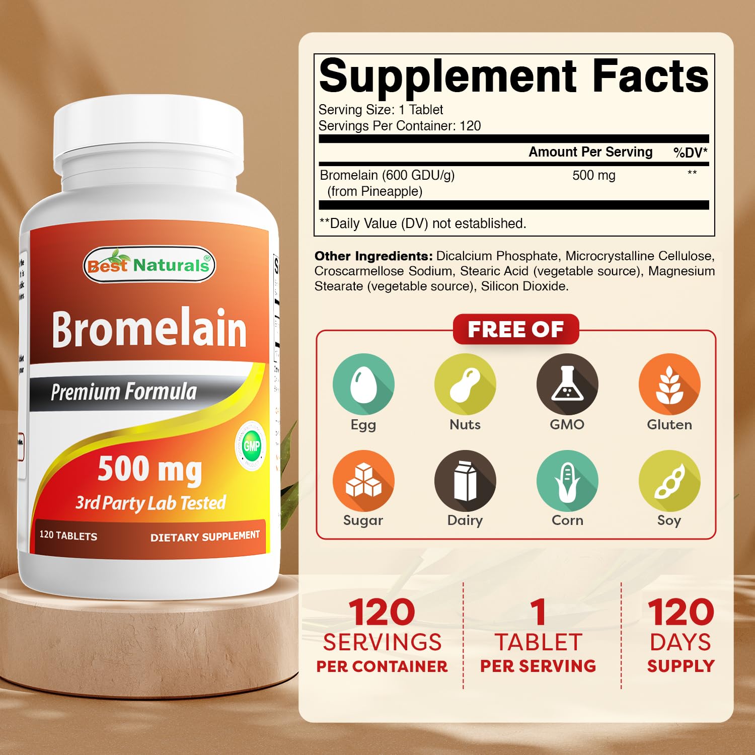 Best Naturals Bromelain tablets close-up showing 500mg per tablet.