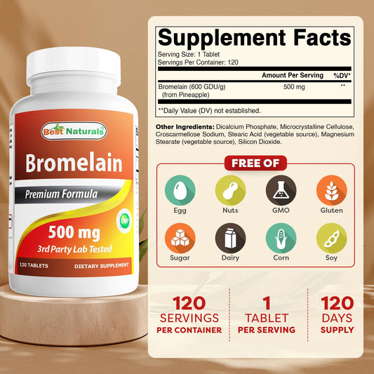 Best Naturals Bromelain tablets close-up showing 500mg per tablet.