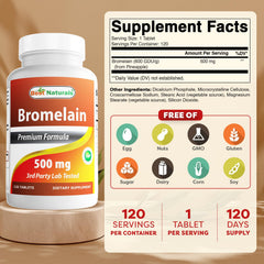 Best Naturals Bromelain tablets close-up showing 500mg per tablet.