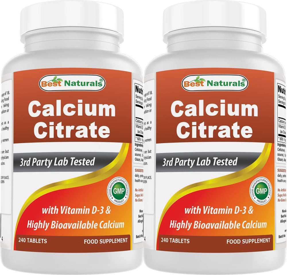 Best Naturals calcium citrate bottle closeup showing vitamin D-3 for daily nourishment