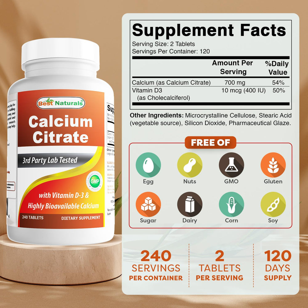 Best Naturals calcium citrate label highlighting clean ingredients and non-GMO