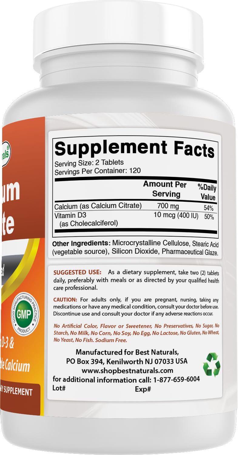 Best Naturals calcium citrate vitamin D-3 packaging emphasizes non-GMO and gluten-free
