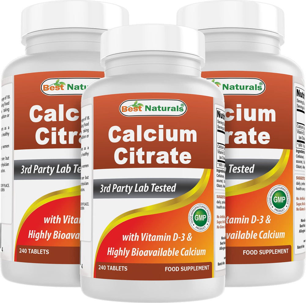 Best Naturals calcium citrate bottle close-up with vitamin D-3 for daily supplement routine