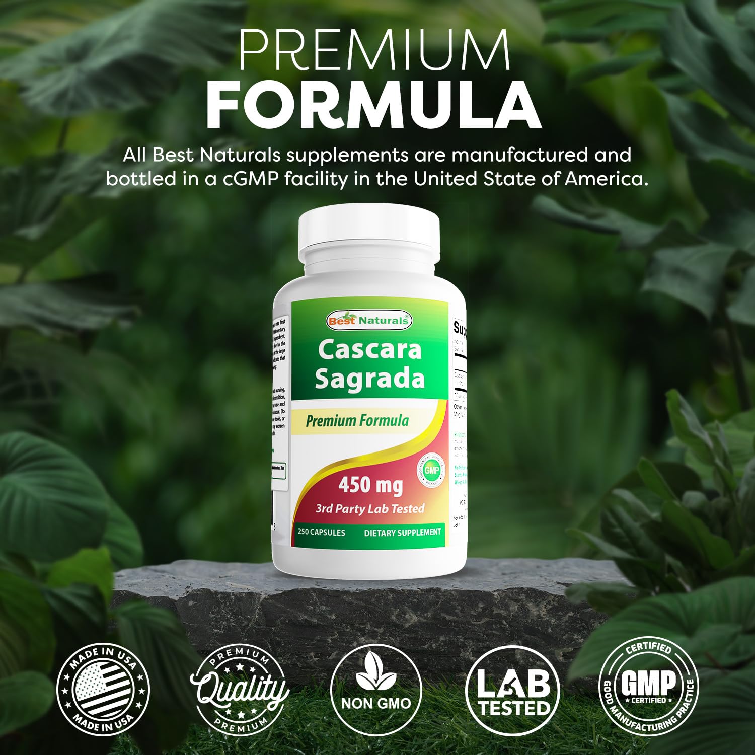Best Naturals Cascara Sagrada bottle shown in a USA-made facility context.