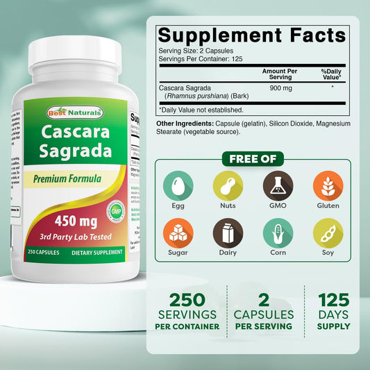 Best Naturals Cascara Sagrada capsules close-up showing convenient daily capsules.