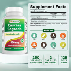 Best Naturals Cascara Sagrada capsules close-up showing convenient daily capsules.