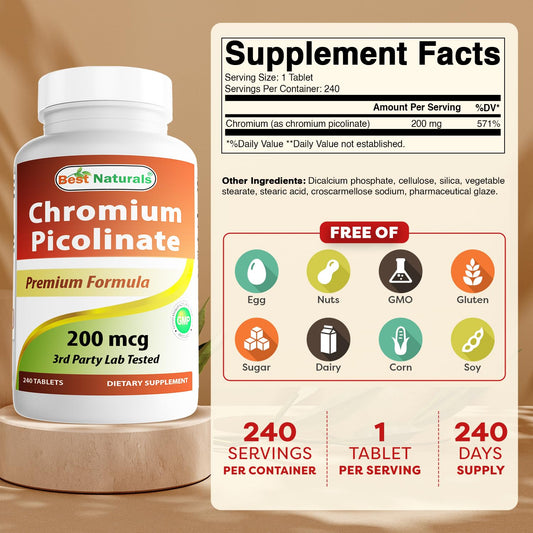 Best Naturals Chromium Picolinate bottle back label with dosage details for informed use.