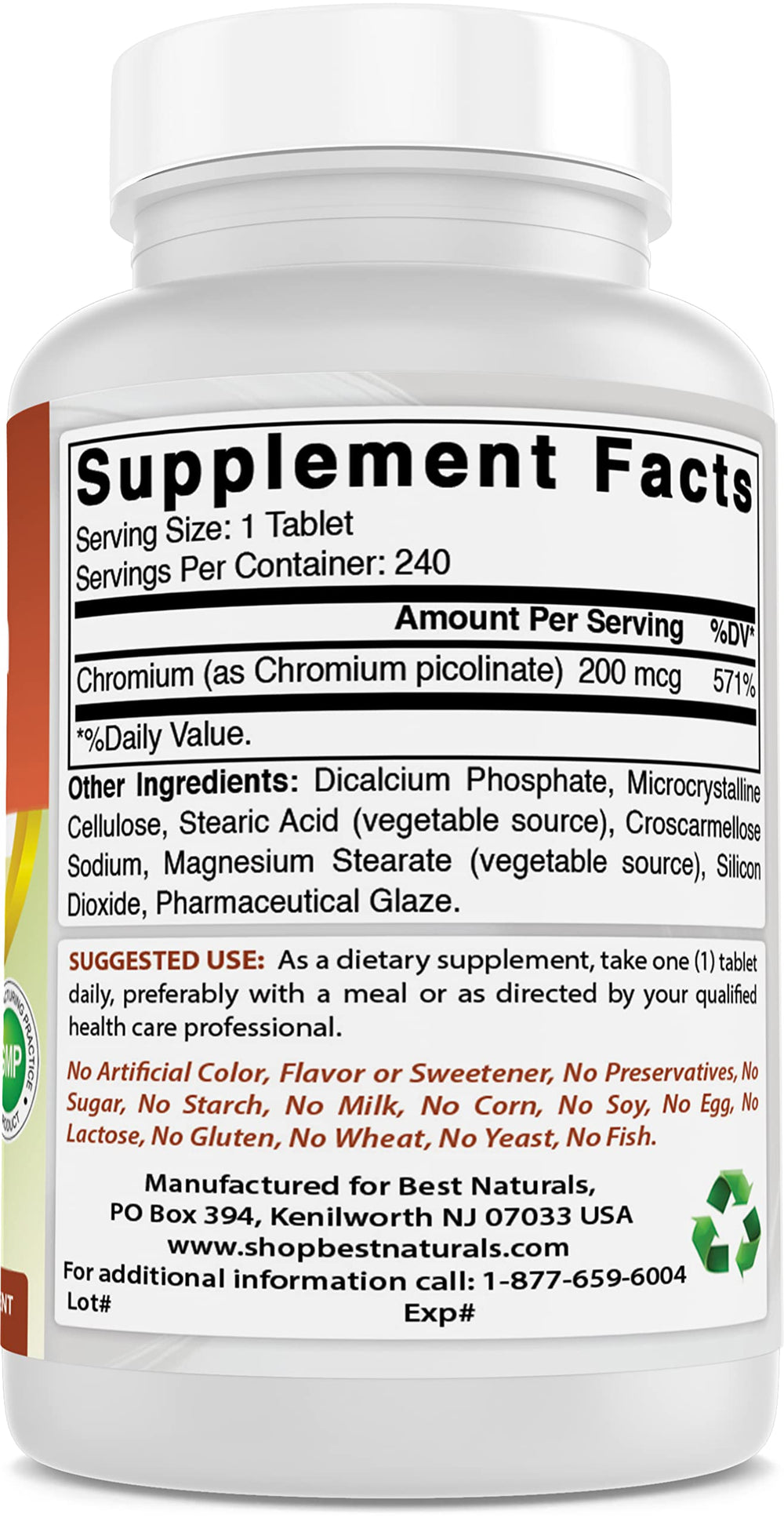 Best Naturals Chromium Picolinate tablets inside bottle highlight portable daily intake.