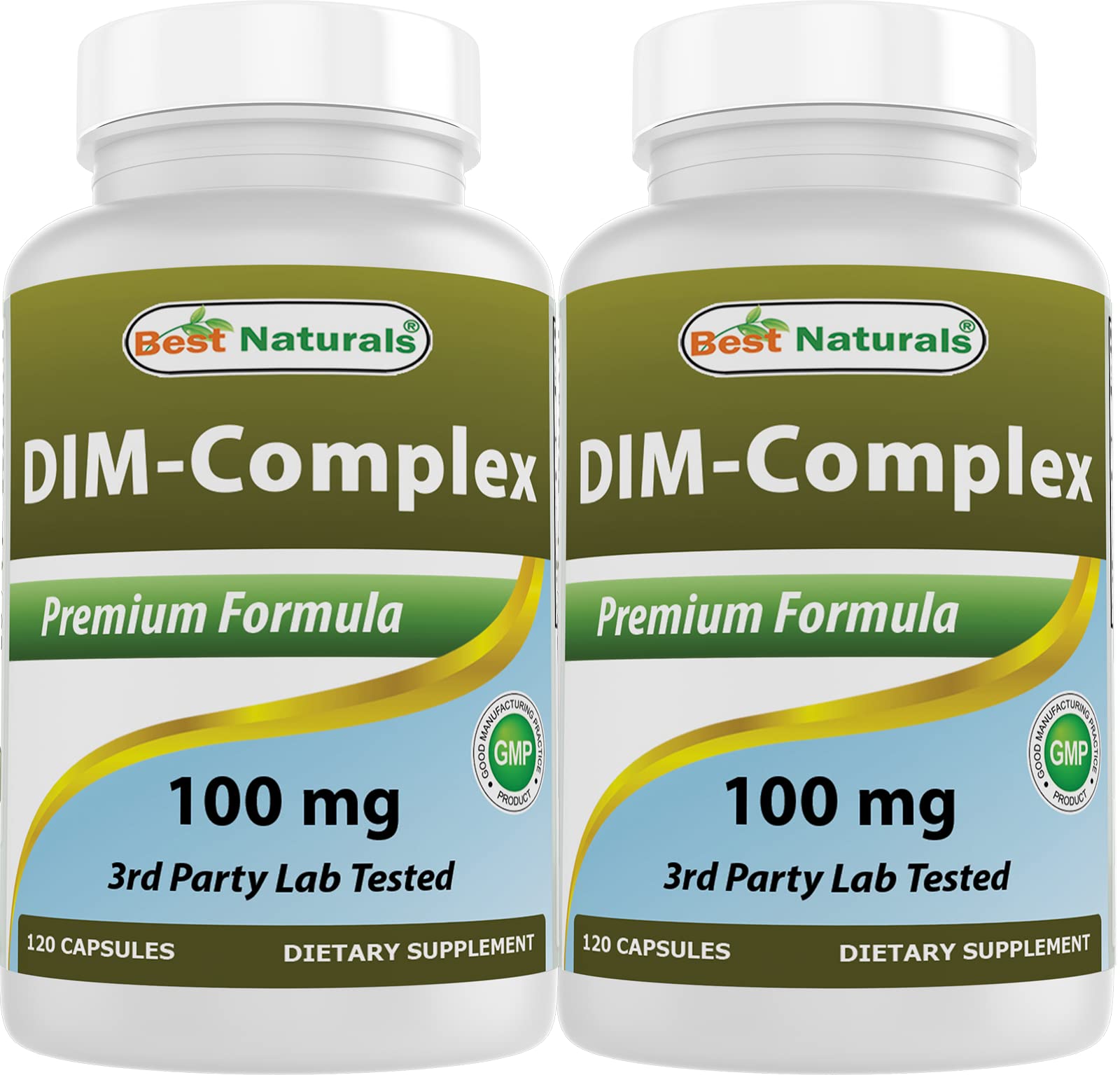 Best Naturals DIM Complex bottle front showing 120 capsules per bottle for daily use