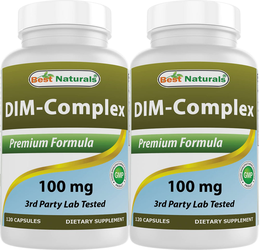 Best Naturals DIM Complex bottle front showing 120 capsules per bottle for daily use