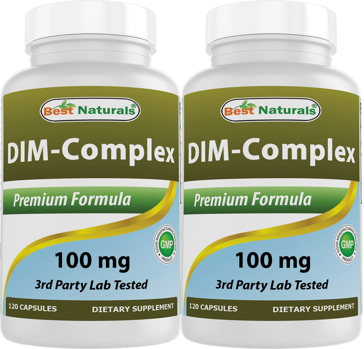Best Naturals DIM Complex bottle front showing 120 capsules per bottle for daily use