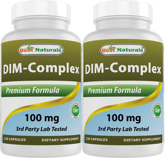 Best Naturals DIM Complex bottle front showing 120 capsules per bottle for daily use