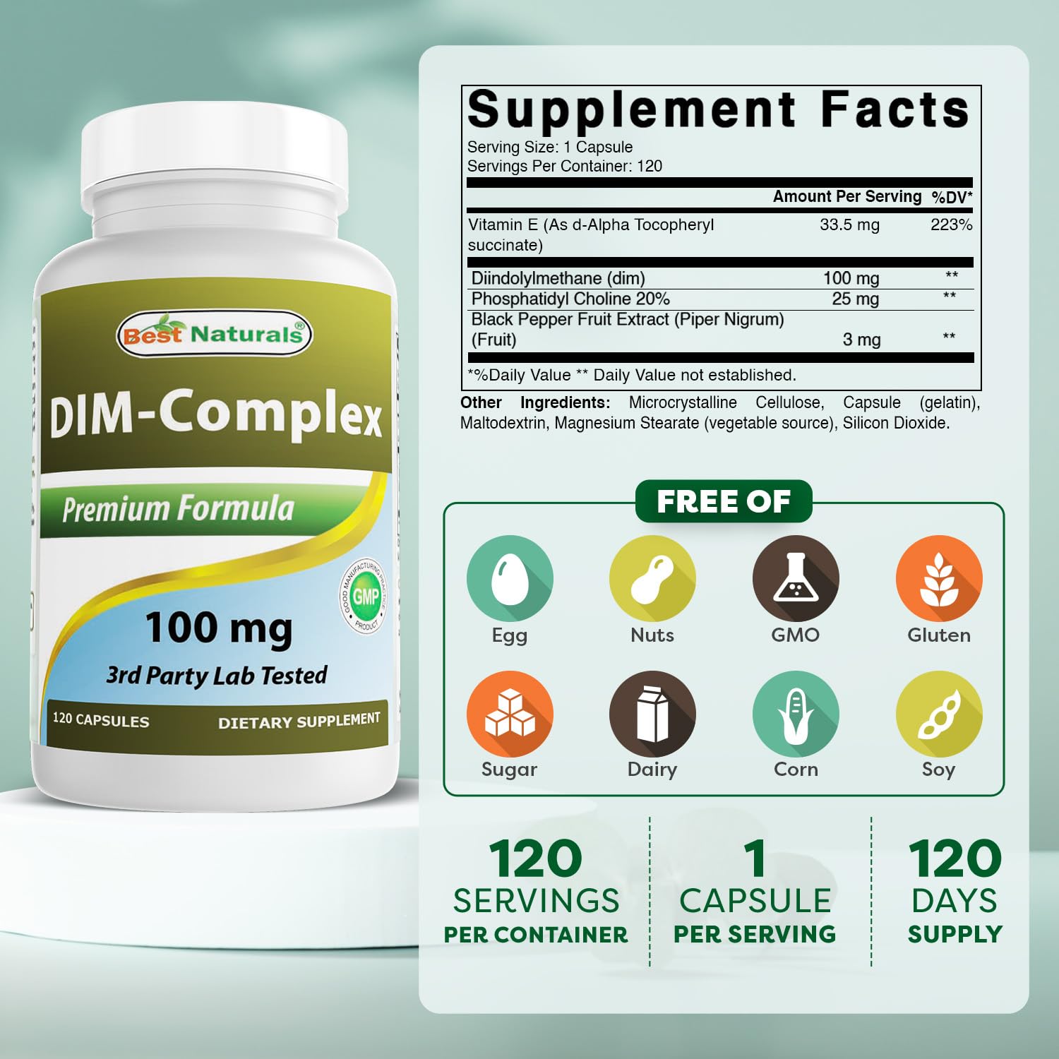 Closeup of Best Naturals DIM Complex capsules for easy dosing