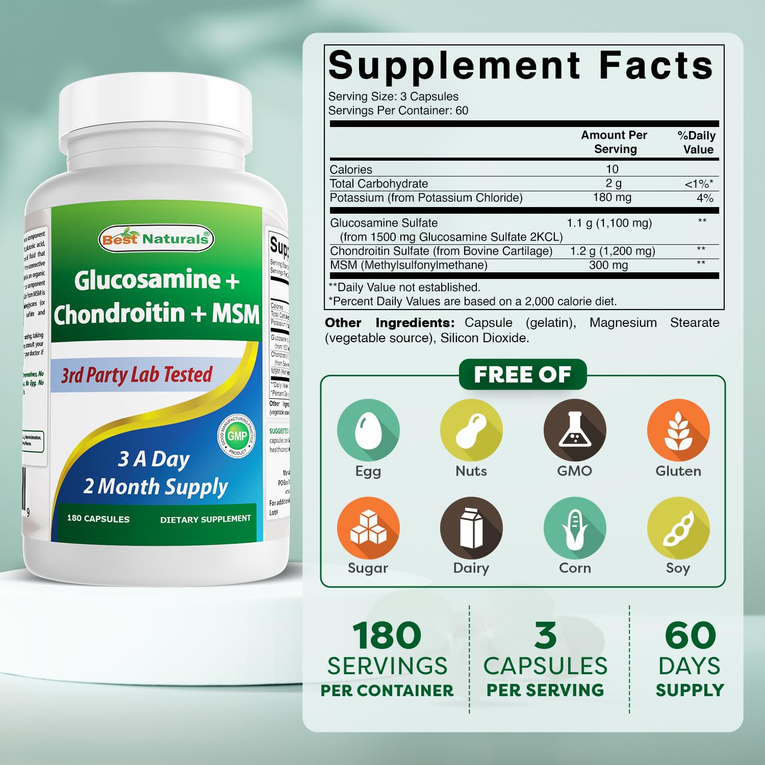 Best Naturals bottle label close-up highlights gluten-free and non-GMO formula.