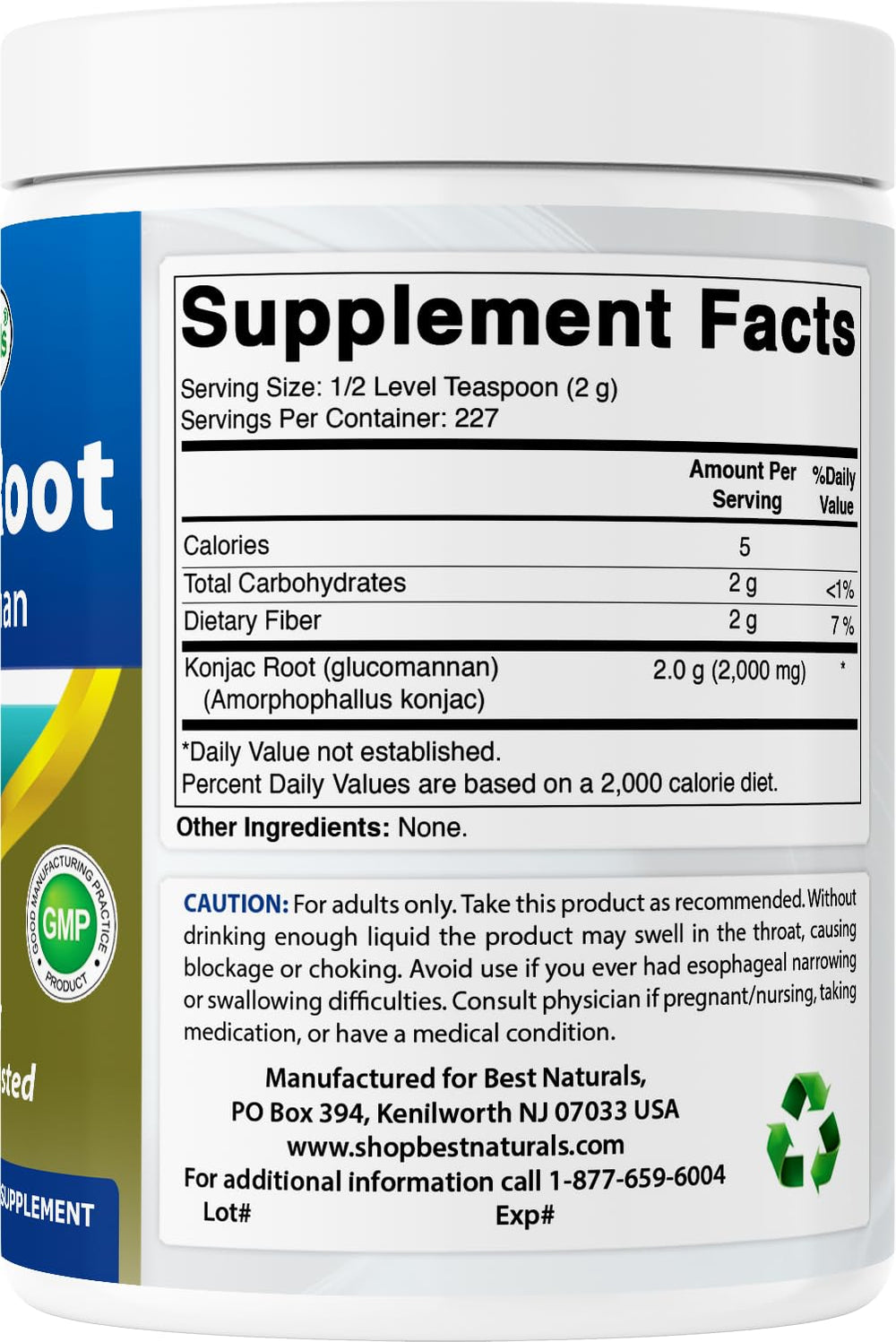 Best Naturals Konjac Glucomannan pour close-up signals quick mixability into beverages.