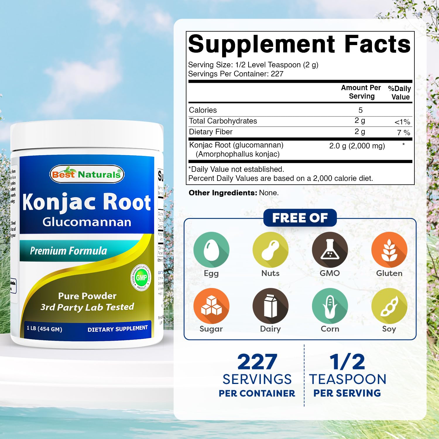Best Naturals Konjac Glucomannan two-pack bottle back shows third-party testing for purity.