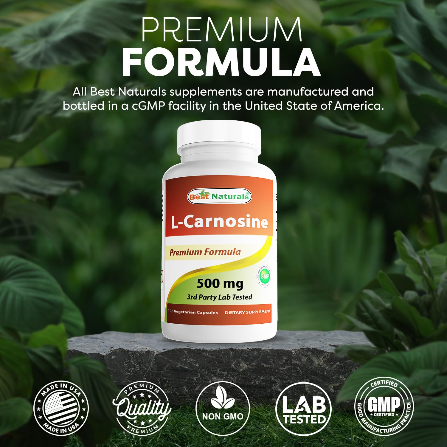 Best Naturals L-Carnosine 100 Vcaps side view of convenient vegetarian capsules
