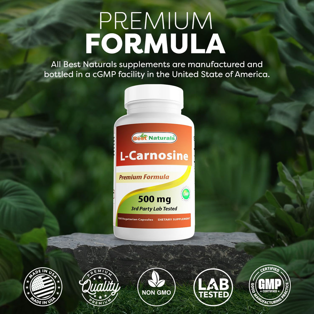 Best Naturals L-Carnosine 100 Vcaps side view of convenient vegetarian capsules