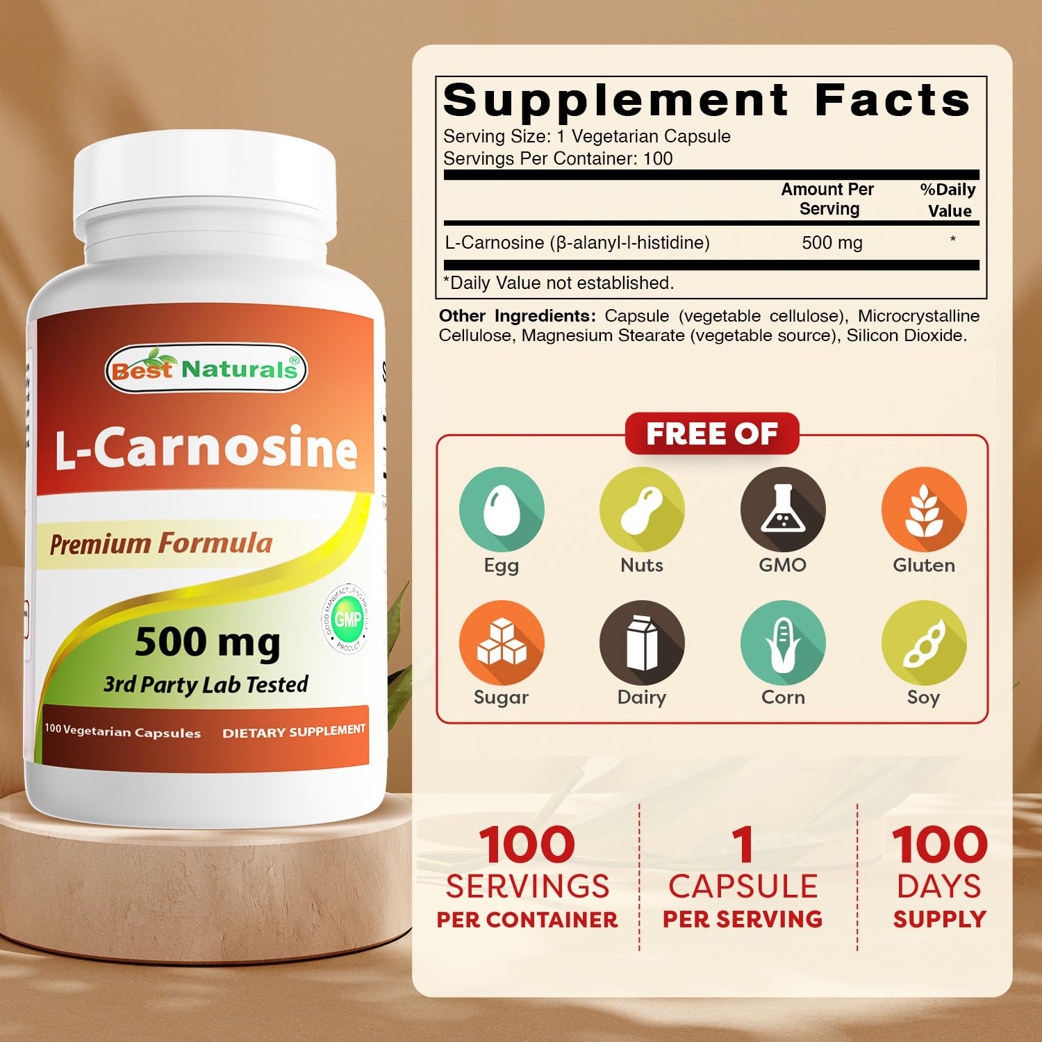 Best Naturals L-Carnosine 500 mg capsules close-up showing high-purity formula for daily support