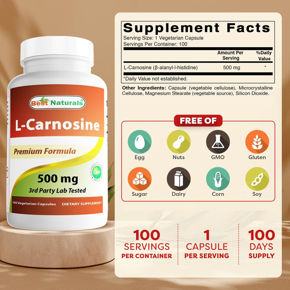 Best Naturals L-Carnosine 500 mg capsules close-up showing high-purity formula for daily support