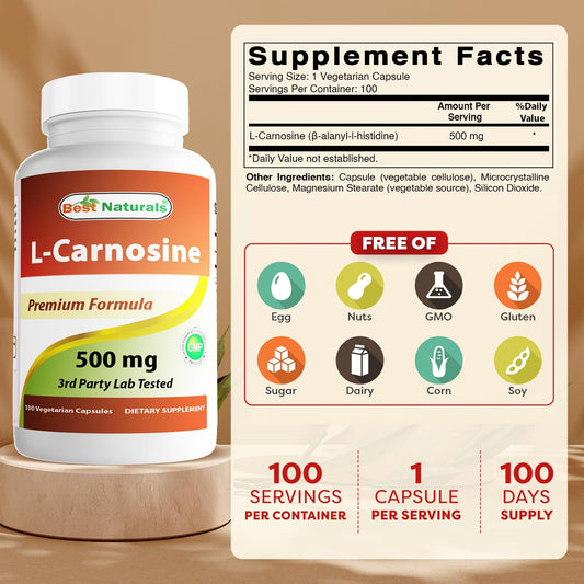 Best Naturals L-Carnosine 500 mg capsules close-up showing high-purity formula for daily support