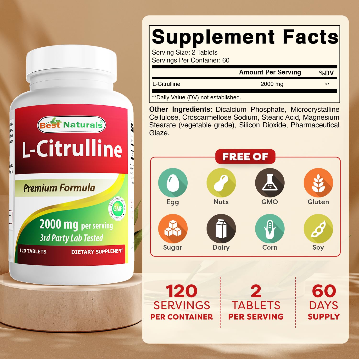 Best Naturals L-Citrulline tablets closeup, high potency for daily supplementation, may support consistent training.