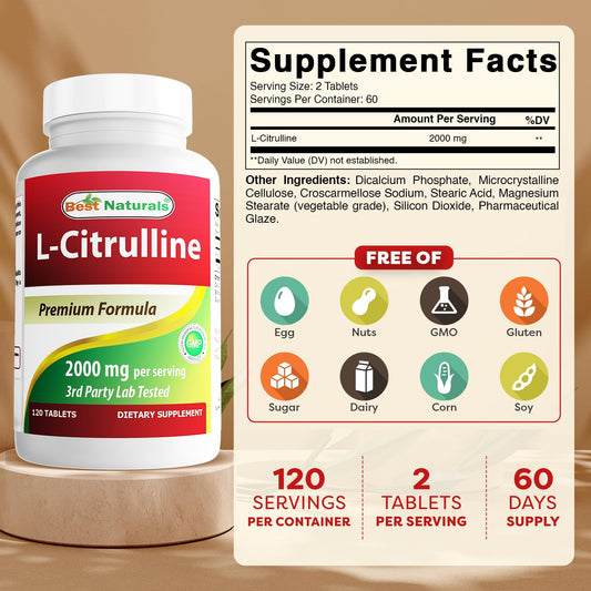 Best Naturals L-Citrulline tablets closeup, high potency for daily supplementation, may support consistent training.