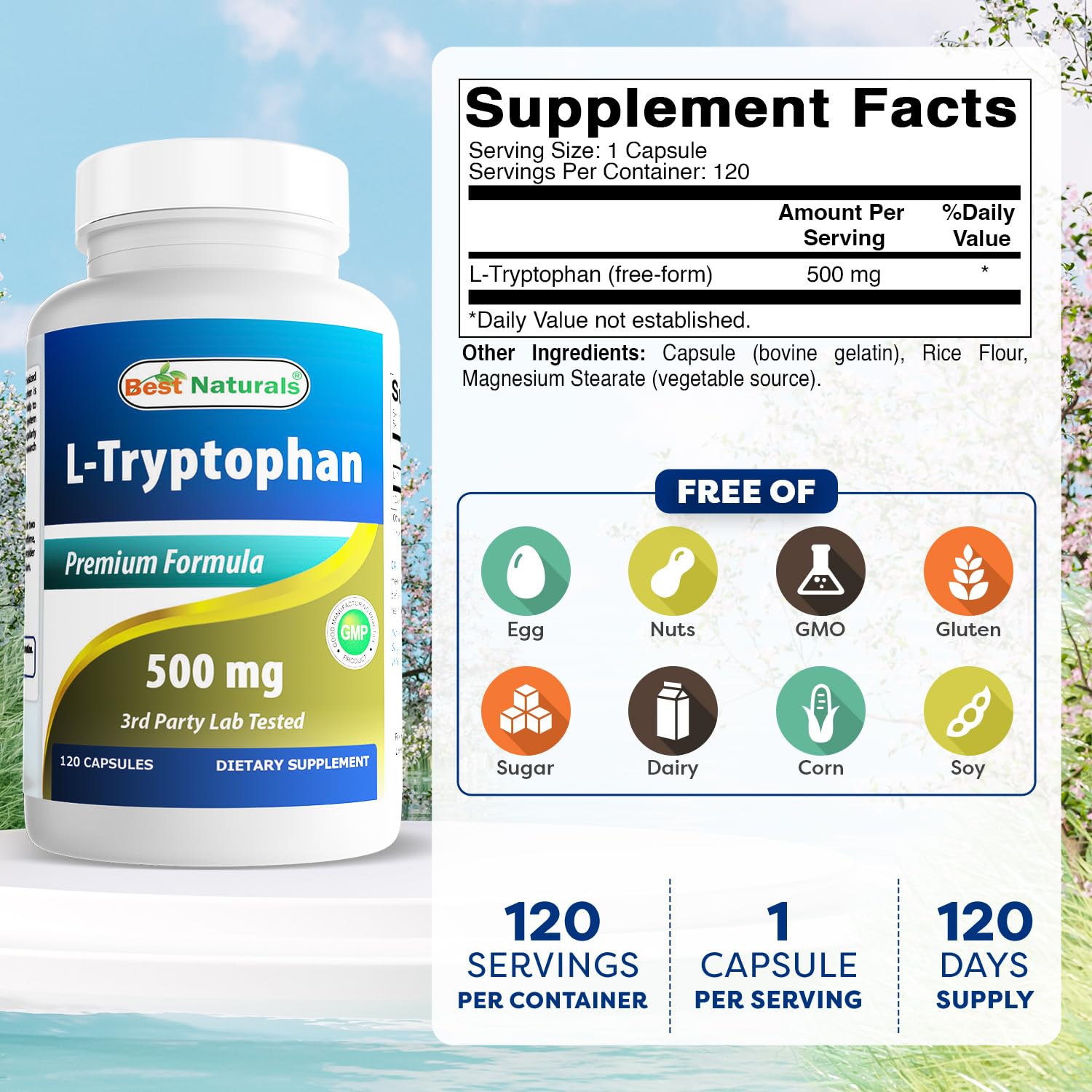 Best Naturals L-Tryptophan capsules closeup showing pure formulation.