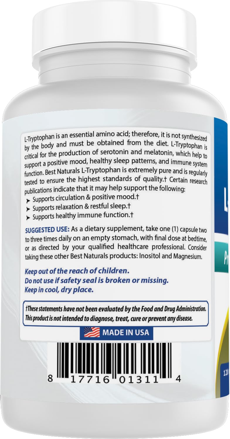 Best Naturals L-Tryptophan third-party lab-tested label confirms purity.